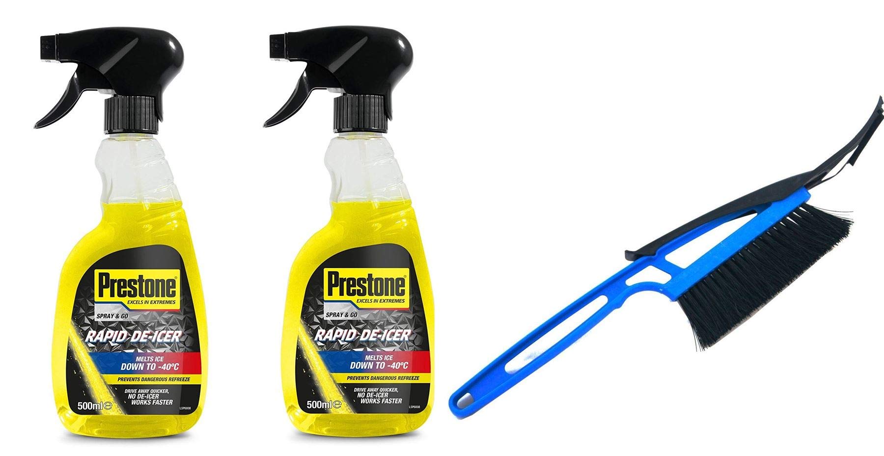 Prestone2x Rapid De-Icer Trigger Melts Ice Down to -40°C 500ml Deicer & UKB4C Premium Ice Scraper Brush