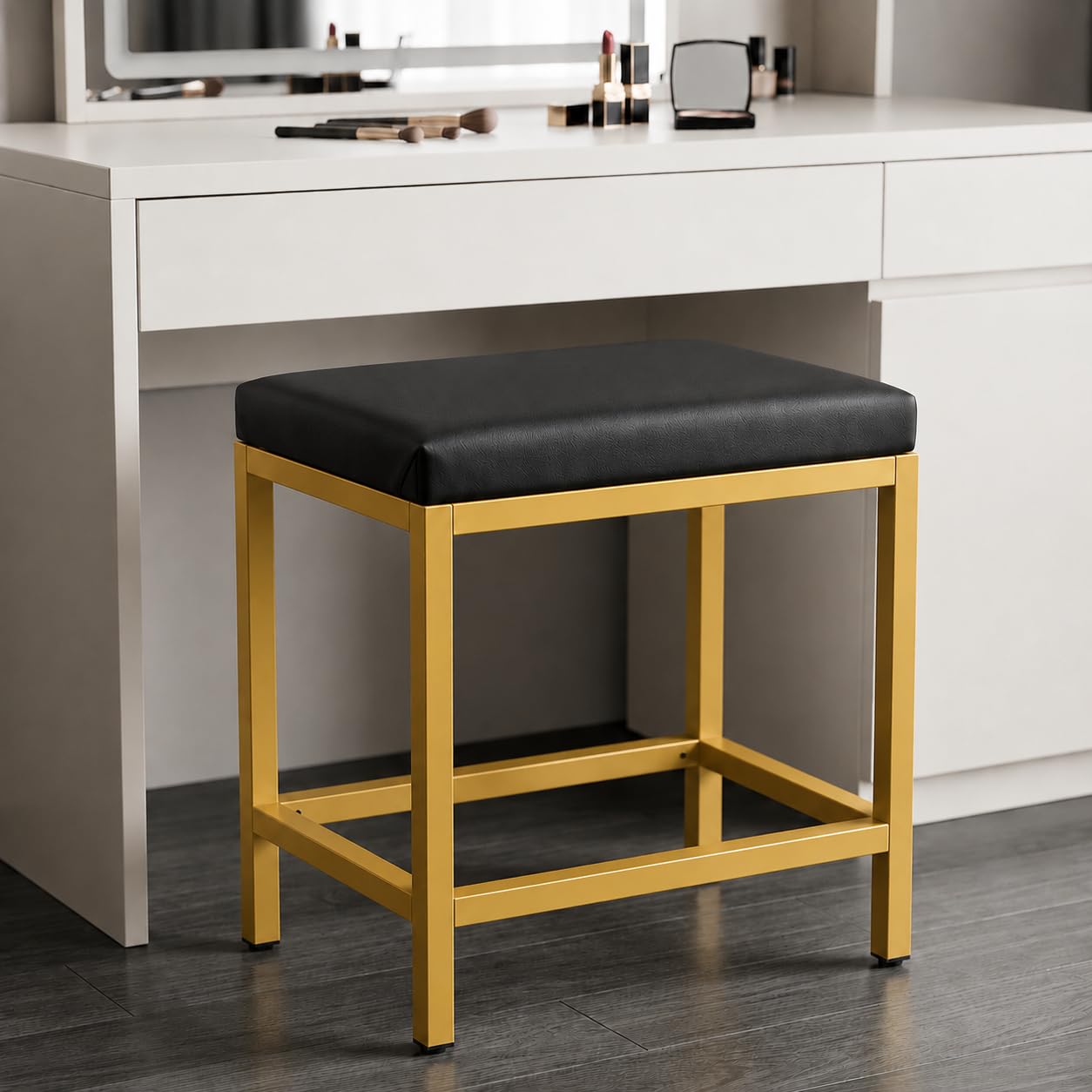 87126 vanity stool chair, square makeup chair with metal legs, cute ottoman vanity bench, foot stool for bedroom, living room, bathroom, golden frame black cushion