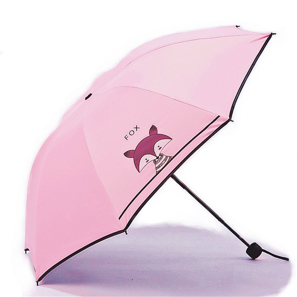 Maibar Sun Umbrella UV Parasol Women Small Lightweight Fox Animal Cartoon Painted Folding Umbrellas Lady Parasols 210T 8 Bones (Light Pink)
