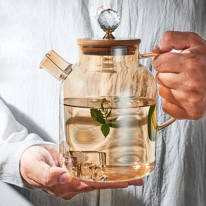 Image of Glass Jug with Lid Ice Tea Water Jug Hot Water Ice Tea Drinking Beverage Jug, Water Jug Glass Material with Wooden Lid, 1.8 Liter (Gold)