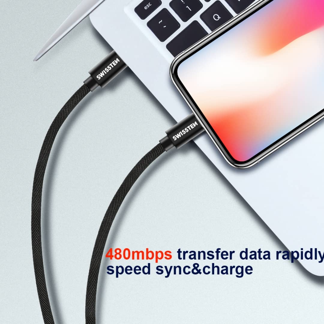 Swissten Cavo di ricarica per iPhone 2 m [certificato MFi] da USB C a Lightning Ricarica rapida tessile intrecciato Ricarica PD rapida per iPhone 14/14 Pro/14 Plus/14 Pro Max, iPad Pro, iPhone 8-13