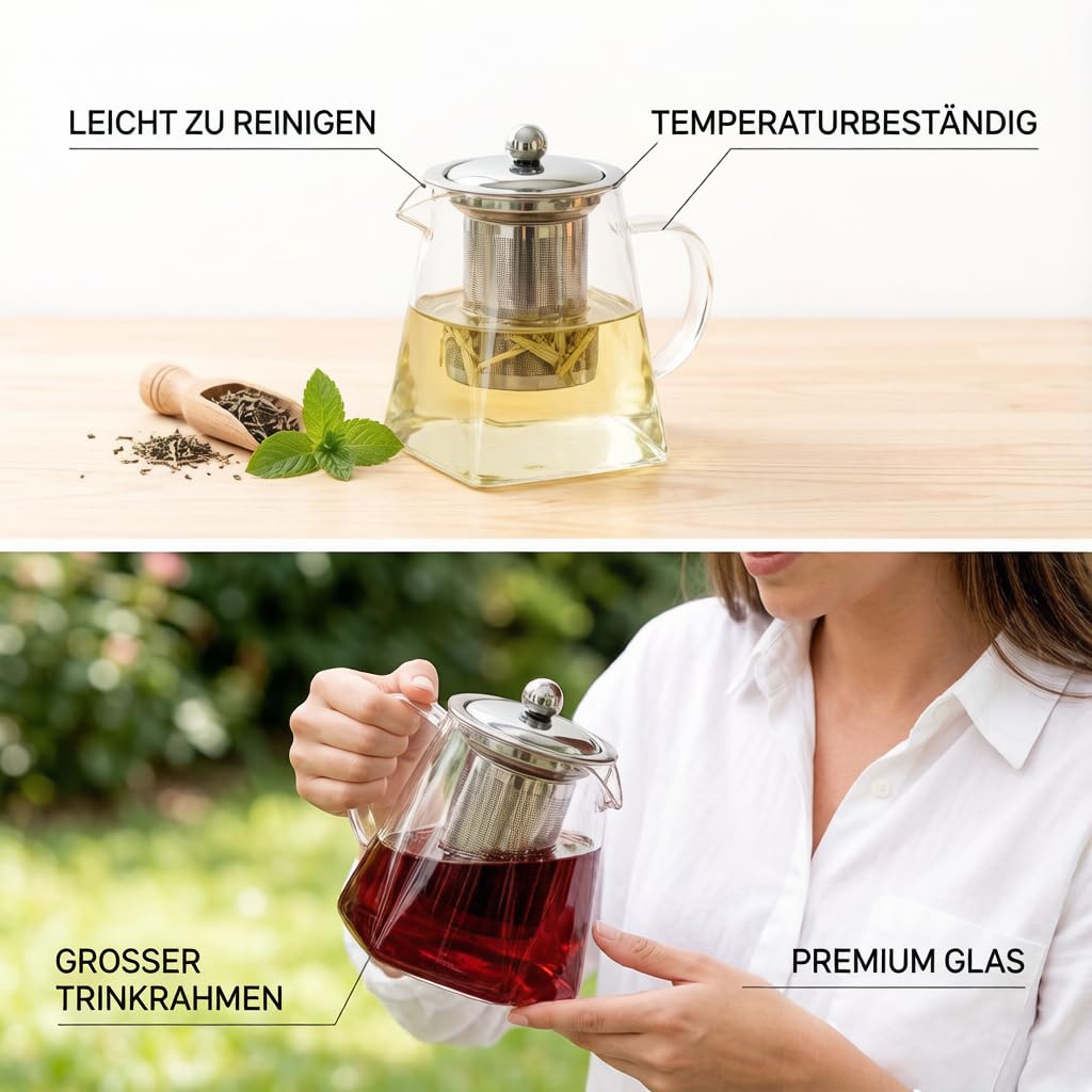Teekanne mit Siebeinsatz, Glas Eckig Teekanne mit Sieb, Teebereiter für Losen Tee, Glasteekanne (550ml)