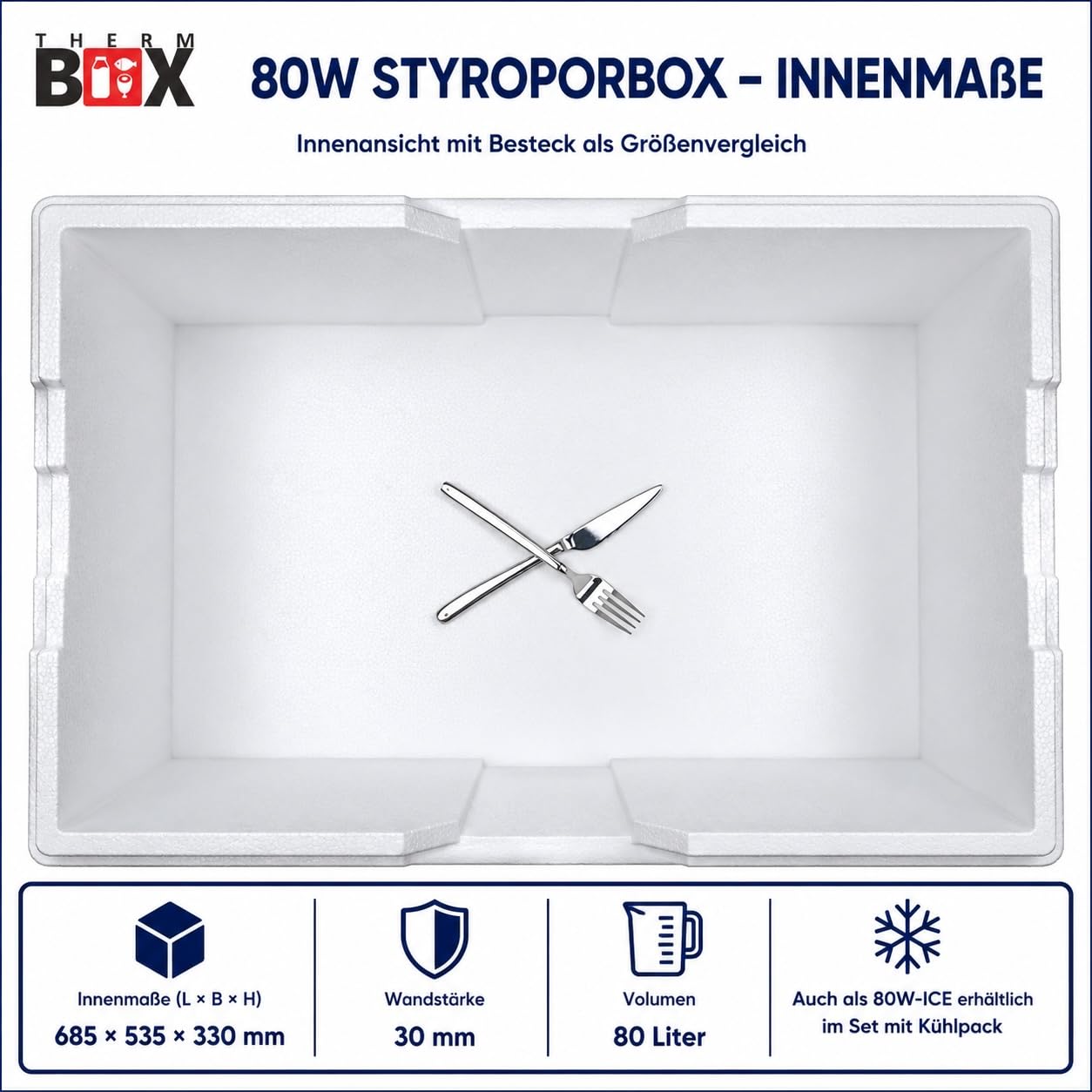 THERM BOX Scatola in polistirolo da 80 W, 80 litri, per scatola E3, per interni, 62,5 x 44 x 30 cm, spessore della parete 3 cm, contenitore termico, contenitore termico, contenitore termico E3