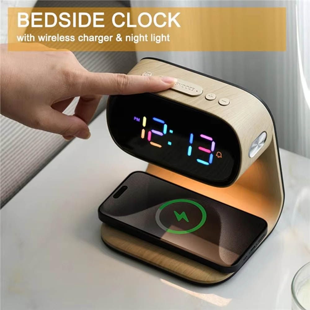 LáMpara De Noche, Despertador Digital, Despertador con Luz De Amanecer, Carga InaláMbrica De 15 W, 3 Niveles De Brillo, Ideal para Varones Y Mujeres
