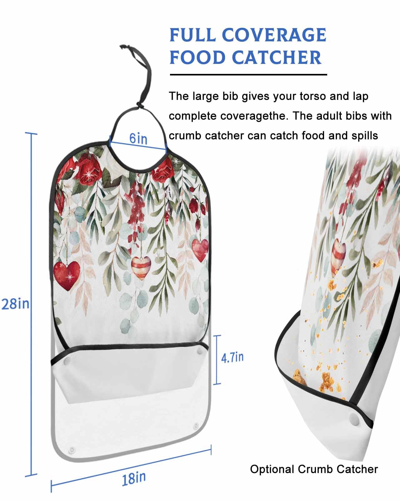 LEOKOTI Valentine's Adult Bibs for Eating, Waterproof Bibs with Food Catcher & Adjustable Snap Closure, Red Floral Eucalyptus Leaves Love Heart Washable Clothing Protectors Adult Bibs for Elderly