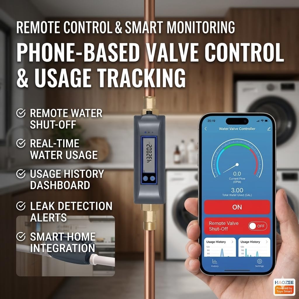Haozee WiFi Smart Water Valve and Auto Shut-Off, Automation Scene Works with Leak Detector, Water Flow Meter, Built-in Battery, for 3/4" Diameter DN20 Pipe 6 61Xq eBH gL. AC SL1024