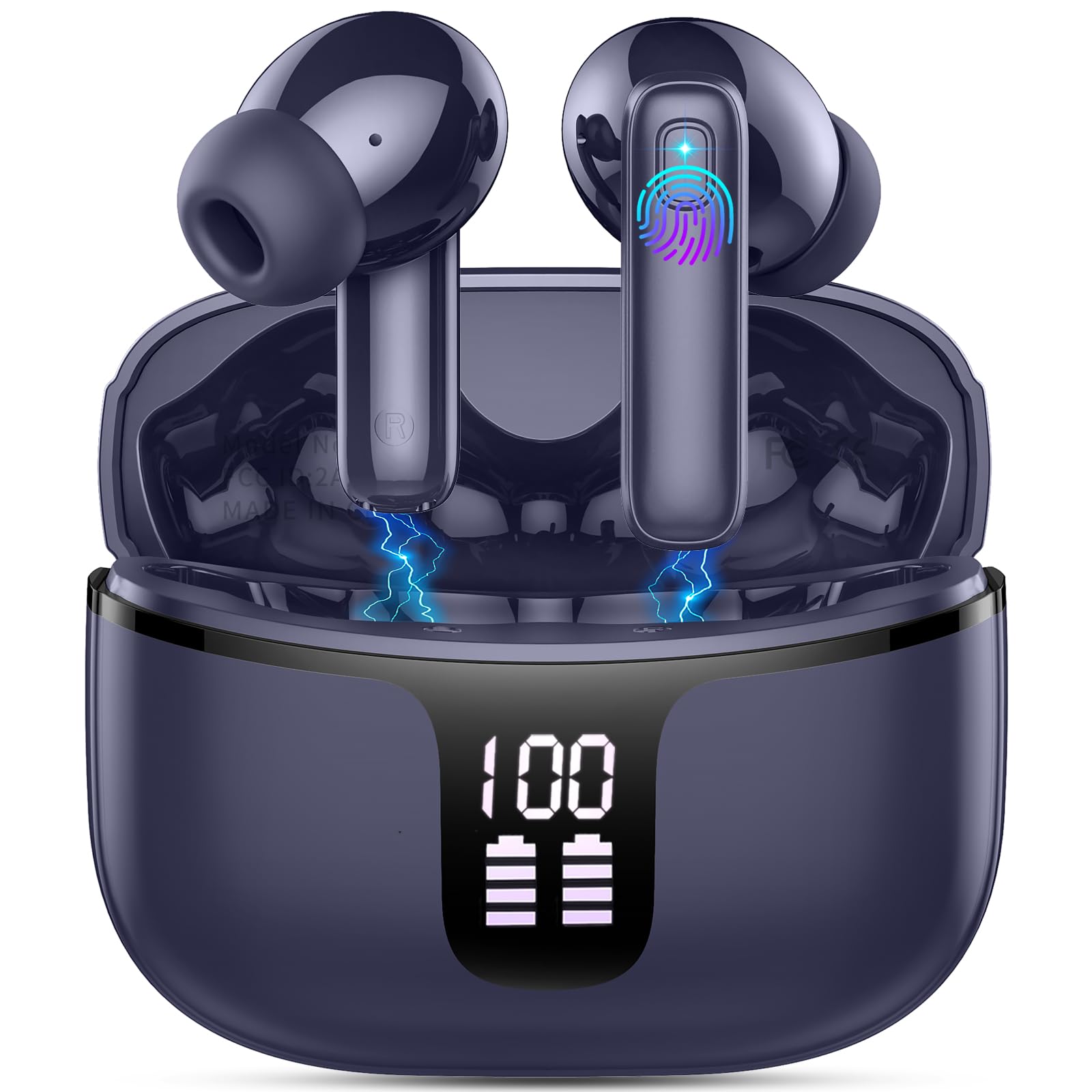 Cuffie Bluetooth, Auricolari Bluetooth 5.3 Stereo HiFi con 4 ENC Cancellazione Rumore, Cuffie Wireless In-Ear 40H LED Cuffiette Bluetooth Sport IP7 Impermeabili Cuffie Senza Fili Earbuds USB-C Blu