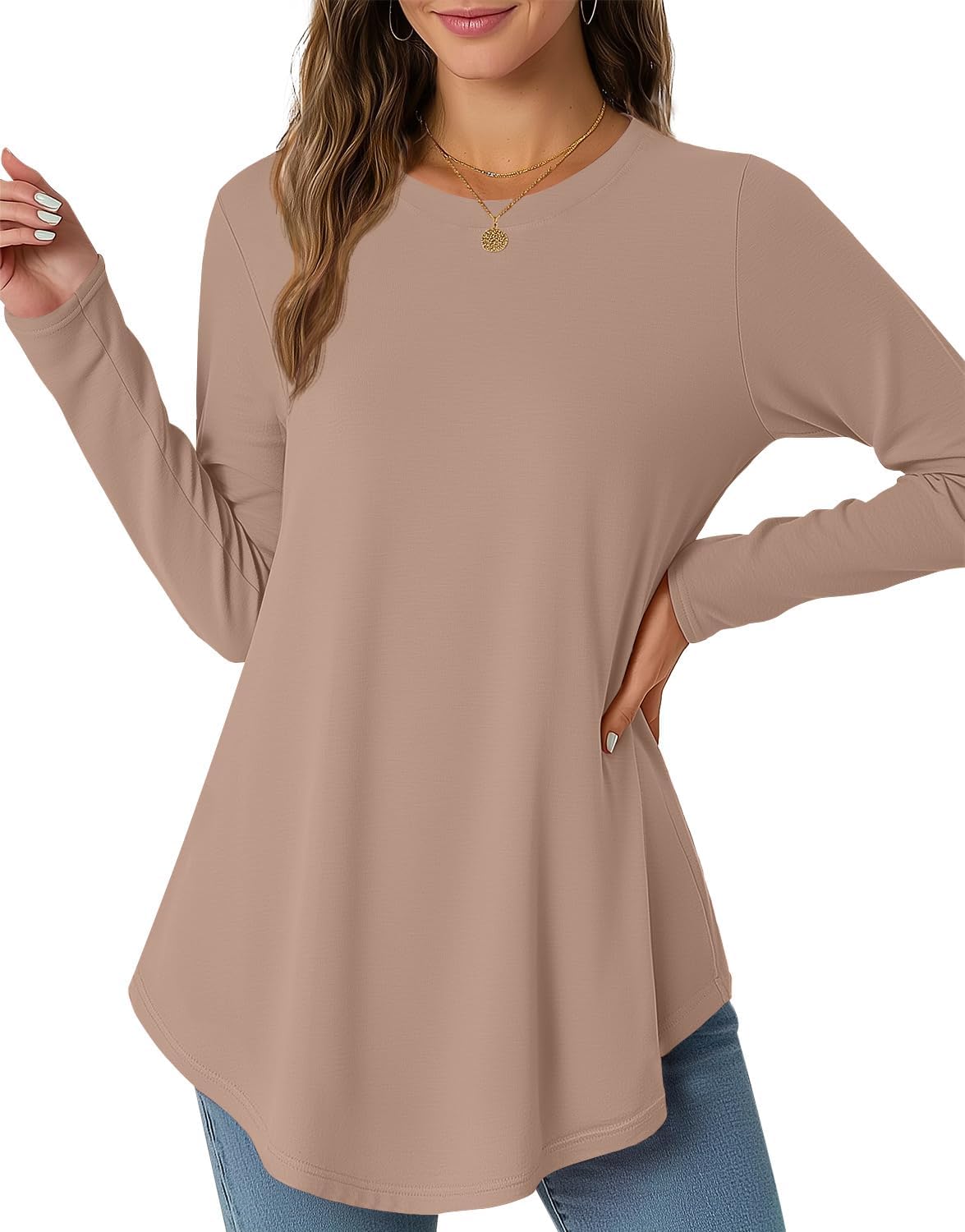 Long Sleeve Shirts for Women Tunic Tops To Wear With Leggings Crew Neck Dressy Casual Blouses Flowy Tops Trendy Fall (Khaki, Medium)