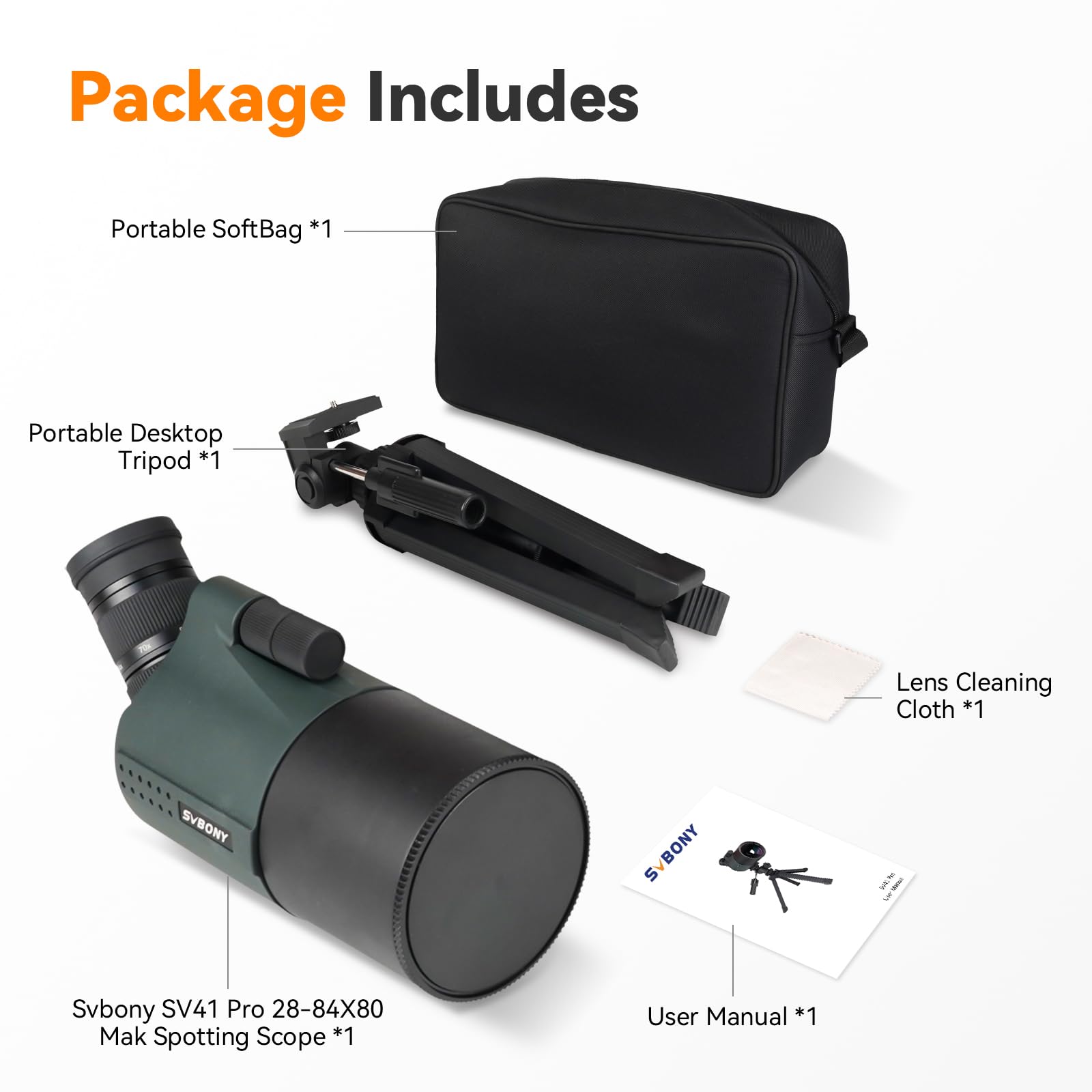 Svbony SV41Pro Mak Cannocchiale con Treppiedi, 28-84X80 FMC Messa a Fuoco a Doppia Velocità, Telescopio Spotting Scope Compatibile Con la Fotocamera WIFI SC001, per Tiro a Segno, Caccia, Birdwatching