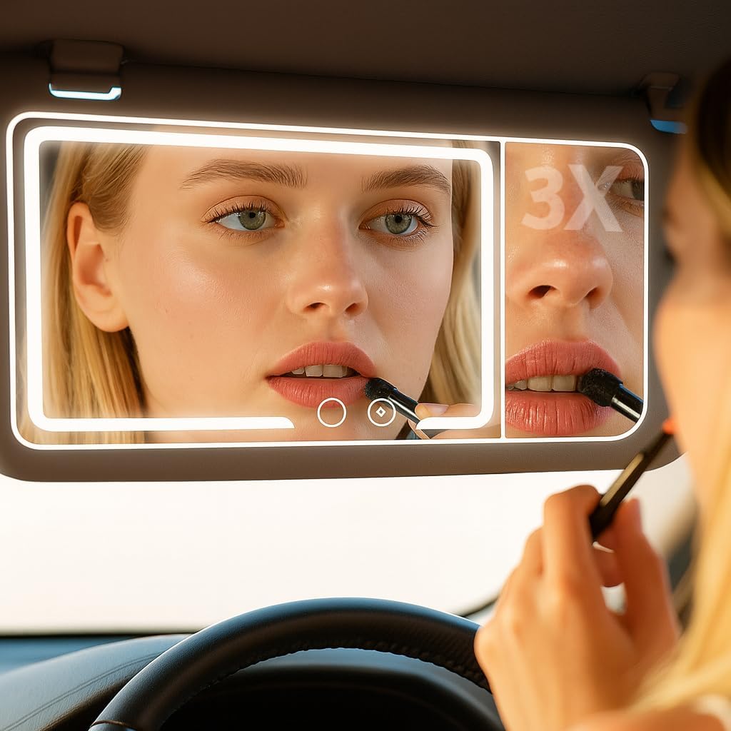 Car Visor Vanity Mirror with LED Lights & 3X Zoom – 3 Color Makeup Mirror, Dimmable Brightness, HD Glass, Touch Control, Universal Sun Visor Fit-image-36
