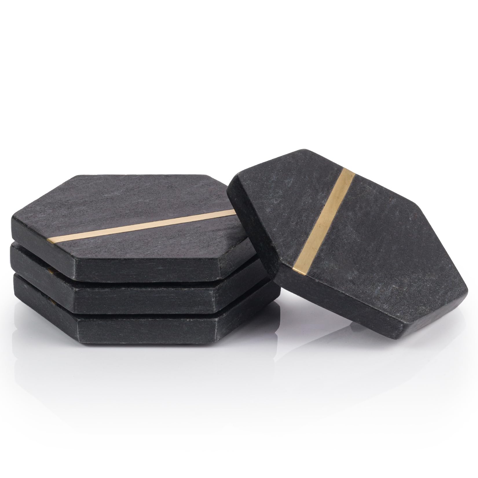 Ehc Hexagon - Black Marble Hexagon Coasters Set Of 4, Non-Slip Drink Pads For Coffee, Beer Bar Mat In Black