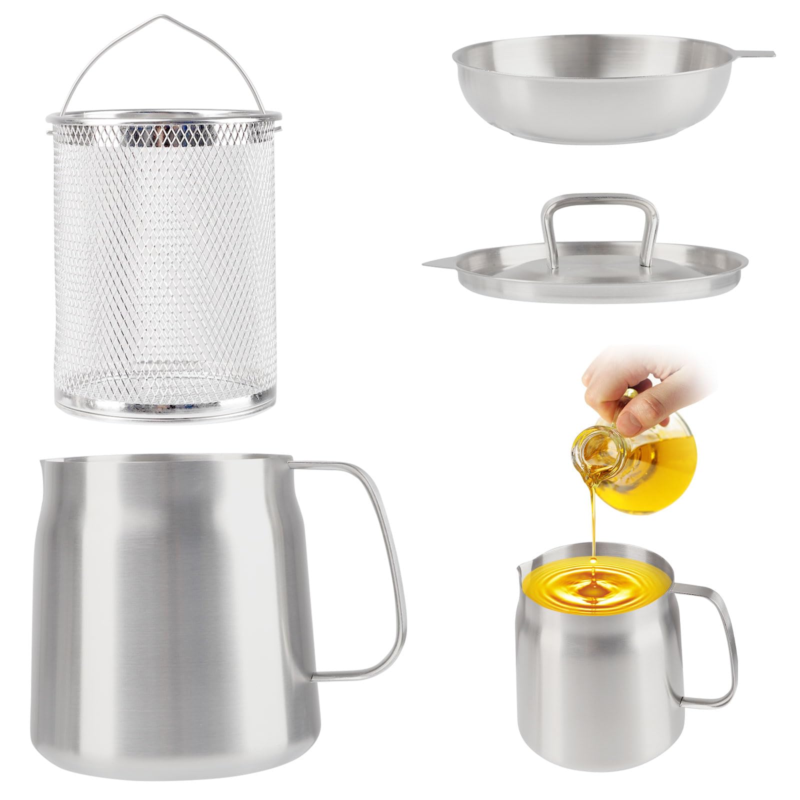 Pot De Filtre à Huile, 2L récipient d’huile en acier inoxydable stockage de graisse en pot avec couvercle Friteuse RéCipient Graisse Passoire Et Filtre à Mailles Fines Filtre à Huile Domestique