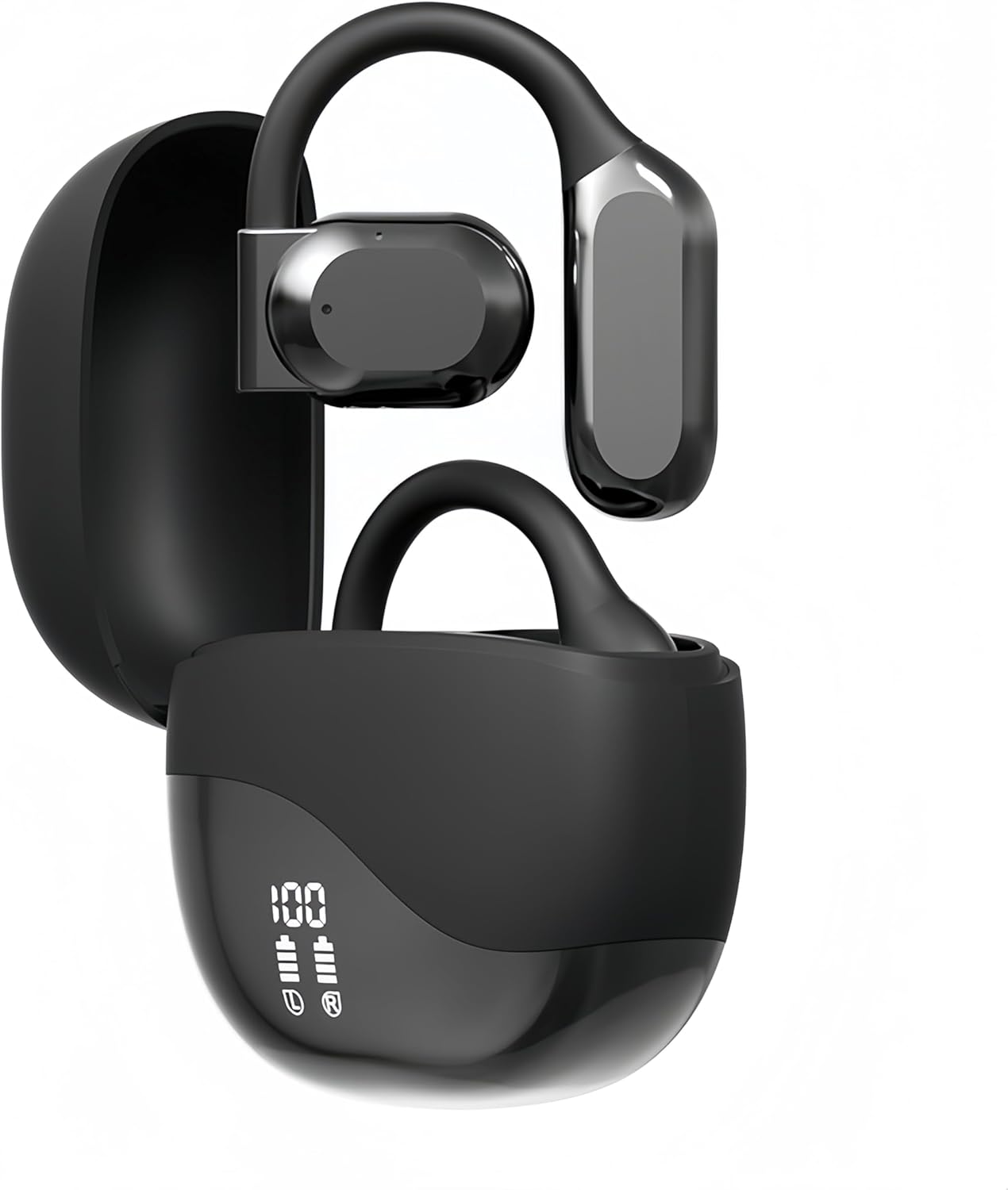 HJX M62 Open Ear Earbuds 55H Long Battery Life Bluetooth 5.3 Wireless Sports Earbuds with LED IPX7 Waterproof Type-C Charging Stereo Clear Call(Black)