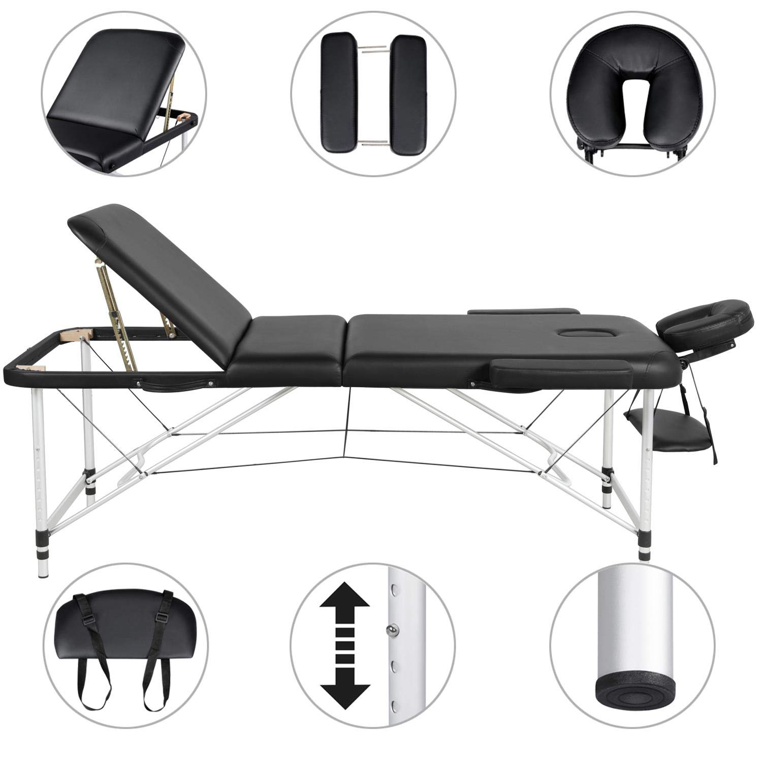 Yaheetech Ensemble de Table de Massage avec Tabouret de Massage à roulettes Réglable 46,5-61 cm Pivotant Lit de Massage Pliable réglable en Hauteur avec appuie-tête Noir