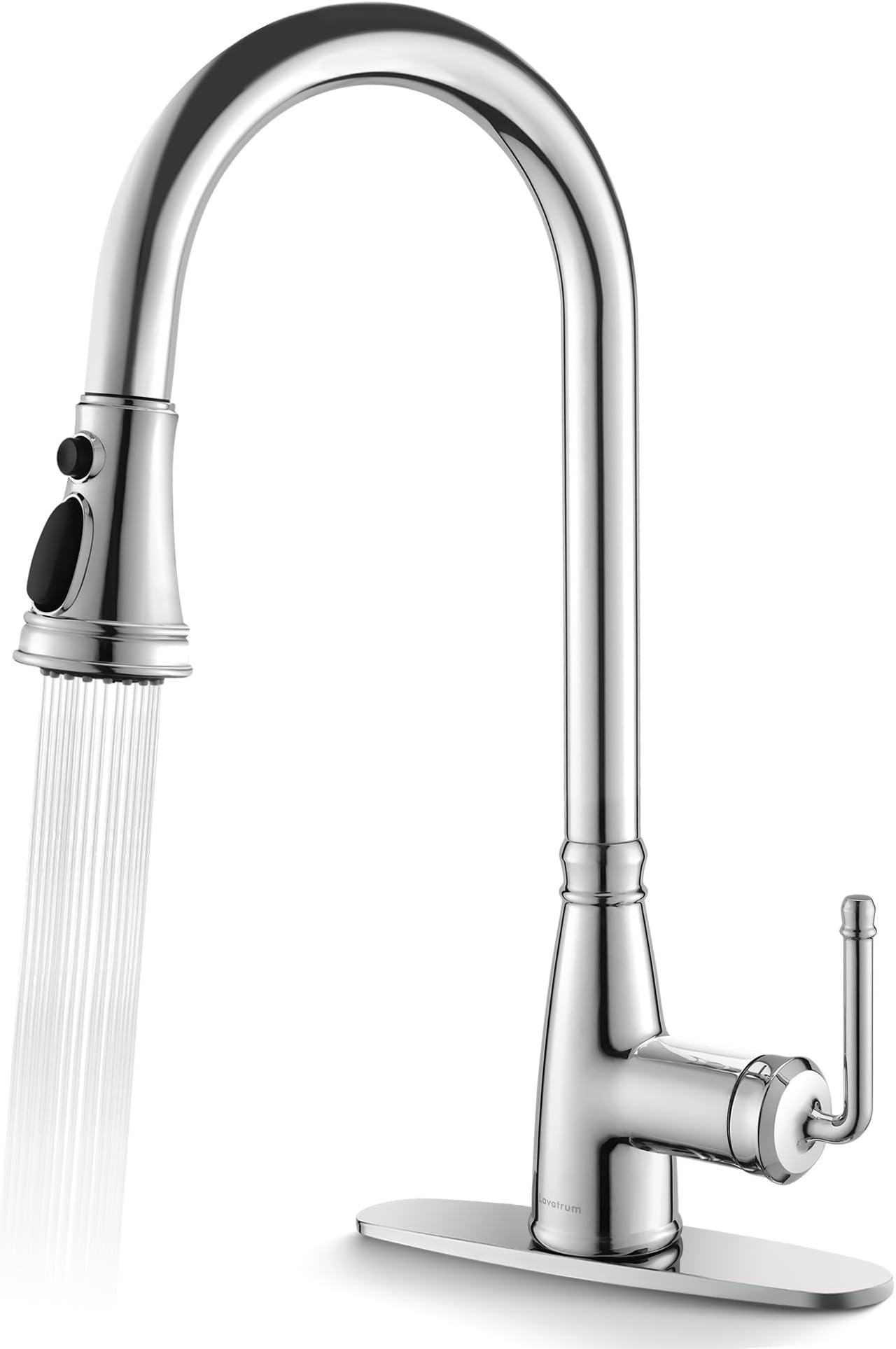 - Kitchen Faucet with Pull Down Sprayer, 17 inch Polished Chrome Antique Single Handle Pull Out Kitchen Sink Faucet with Deck Plate for Classic Modern Ktichen