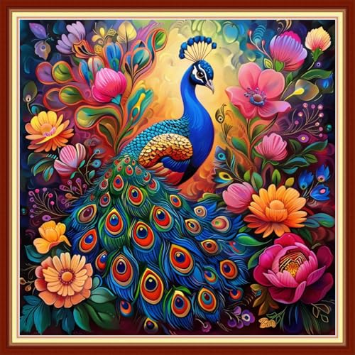 Image of Magxvouy Cross Stitch Kits Stamped Full Range of Embroidery Kits,Cross Stitch Patterns Needlework Kits for Beginners 11CT Printed Kits&Flower Peacock 18x18 inch