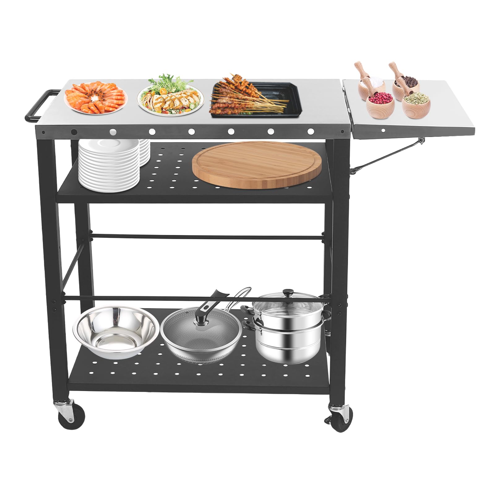 Mesa de barbacoa portátil para exteriores, barbacoa, mesa auxiliar, jardín, plegable, carrito de servir, carrito de acero inoxidable, mesa de barbacoa multifuncional con ruedas para terraza