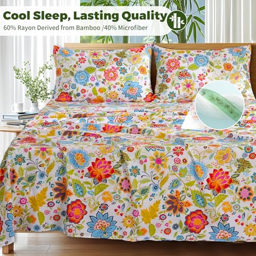 Image of Bedlifes Extra Deep Pocket 18-24 inch Queen 4-Piece Sheet Set - Cooling Sheets Blend Rayon Derived from Bamboo Soft & Breathable Floral Spring Design