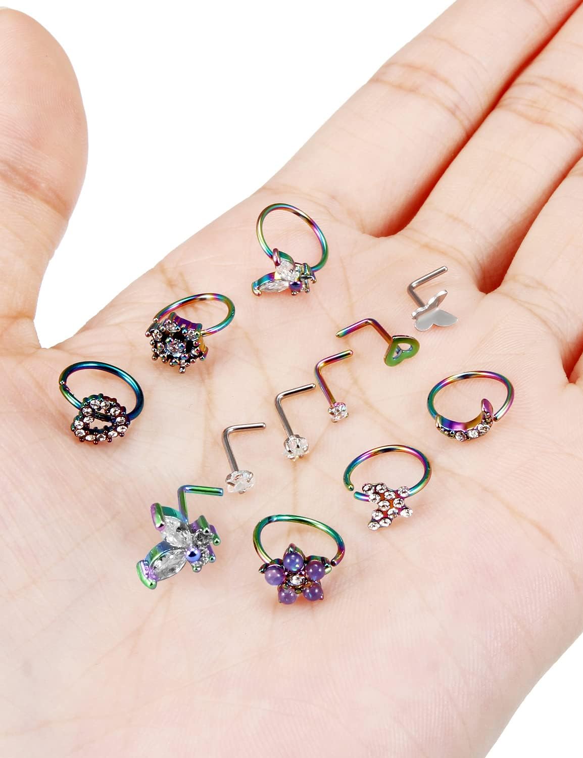 20g Nose Rings Hoops Studs Piercings Jewelry for Women Men Silver Rose Gold Rainbow Surgical Steel l Shaped Bar Hypoallergenic Butterfly Nostril - Image 6
