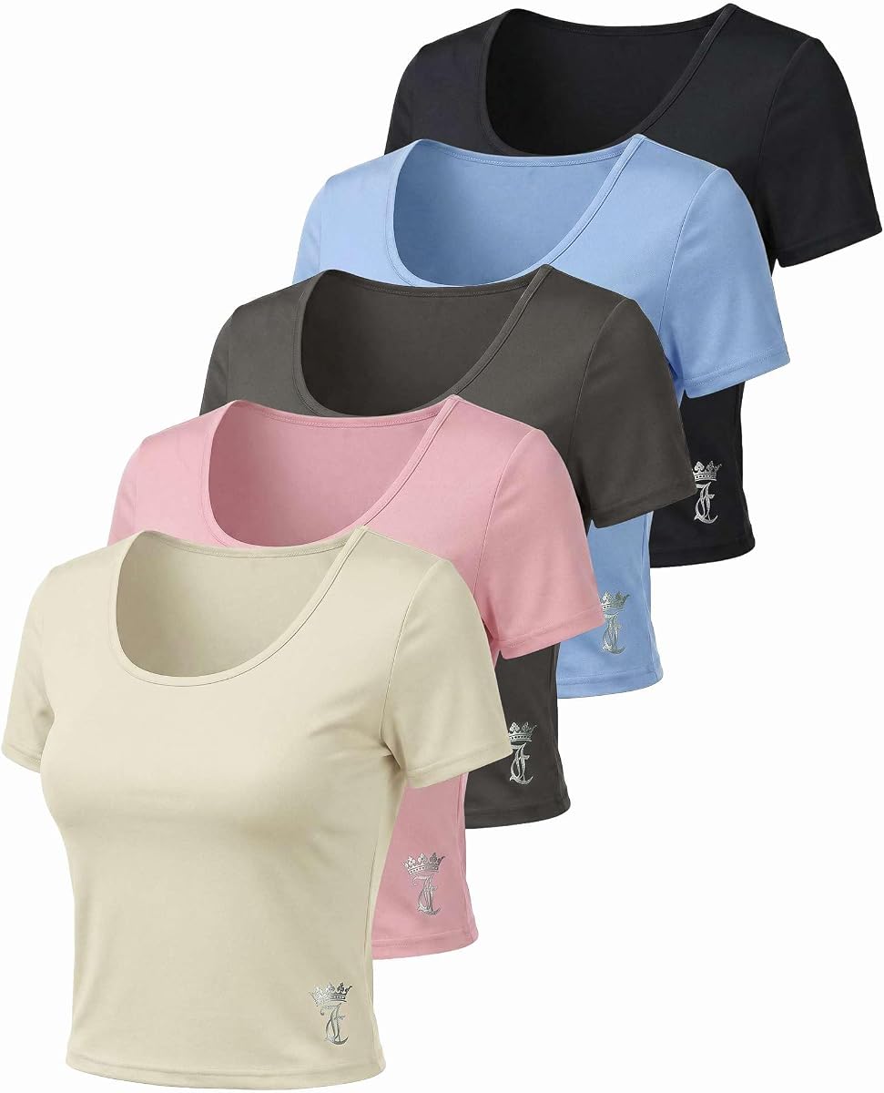 Camisetas de gimnasio de entrenamiento atlético de manga corta con cuello redondo y ajuste seco para mujer