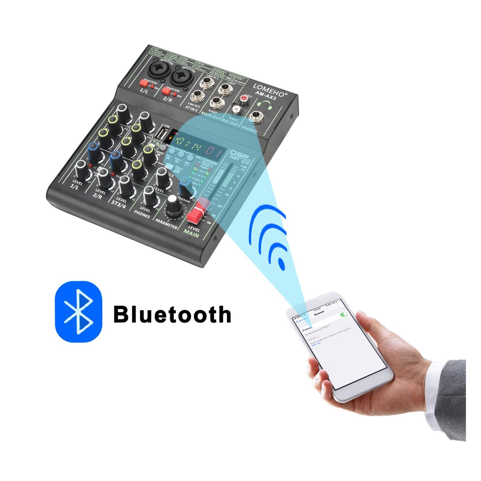 Attrezzatura per DJ per Feste Mini Mixer Audio a 4 canali individuali +48 V Phantom Power 99 Dsp Effetti Bluetooth USB Console di miscelazione dei Record di Riproduzione di Computer AM-AX3