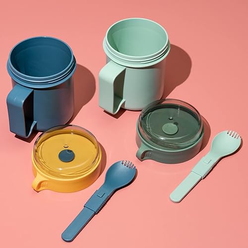 Miniatura 2 de Tazas de sopa para microondas con tapas, paquete de 2 tazas aptas para microondas para fideos ramen, sopa, bebidas, 17.63 onzas, verde, amarillo de