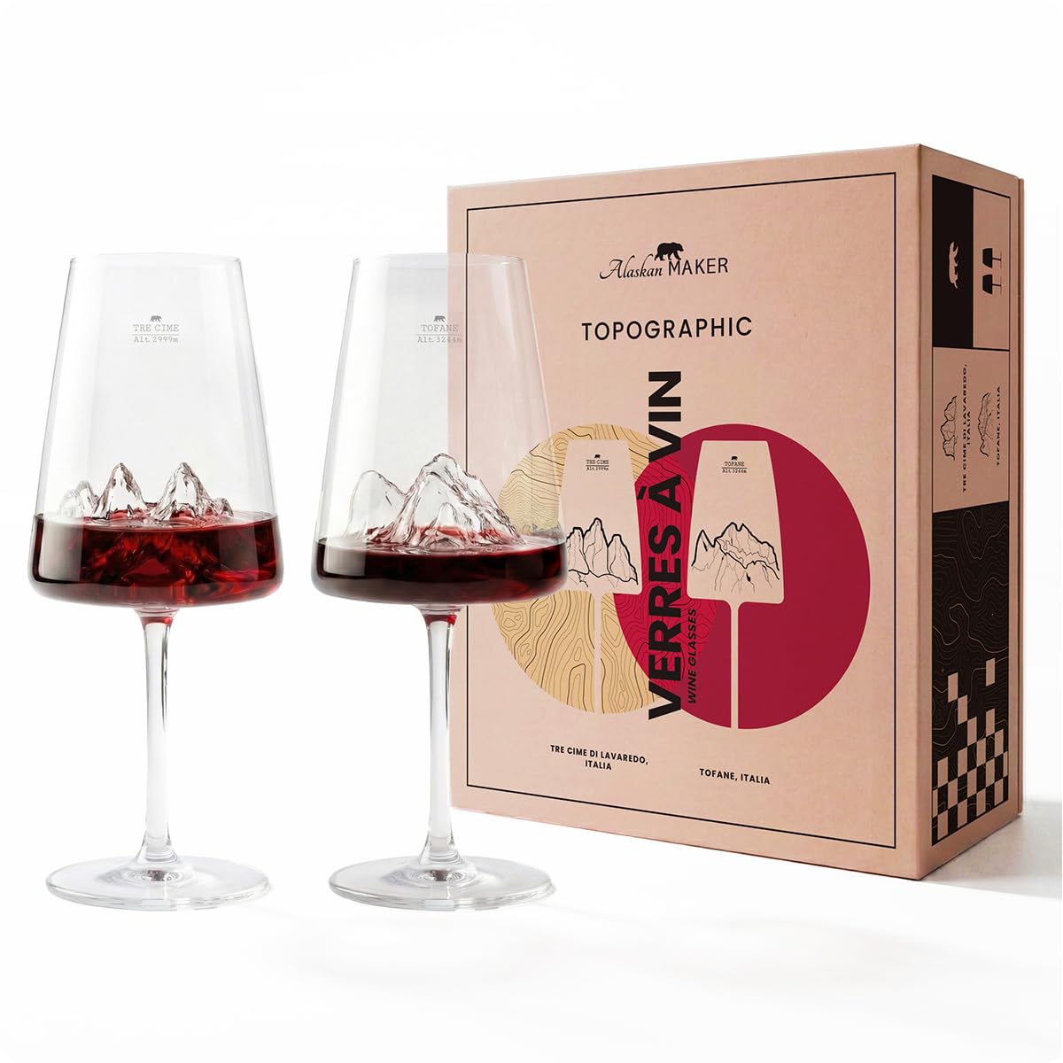 Alaskan MAKER | Estuche de 2 copas de vino 400 ml - Vidrio borosilicato soplado boca - Montaña en relieve 3D en la parte inferior | Estuche premium magnético | TOPOGRAPHIC (Tre Cime di Lavaredo