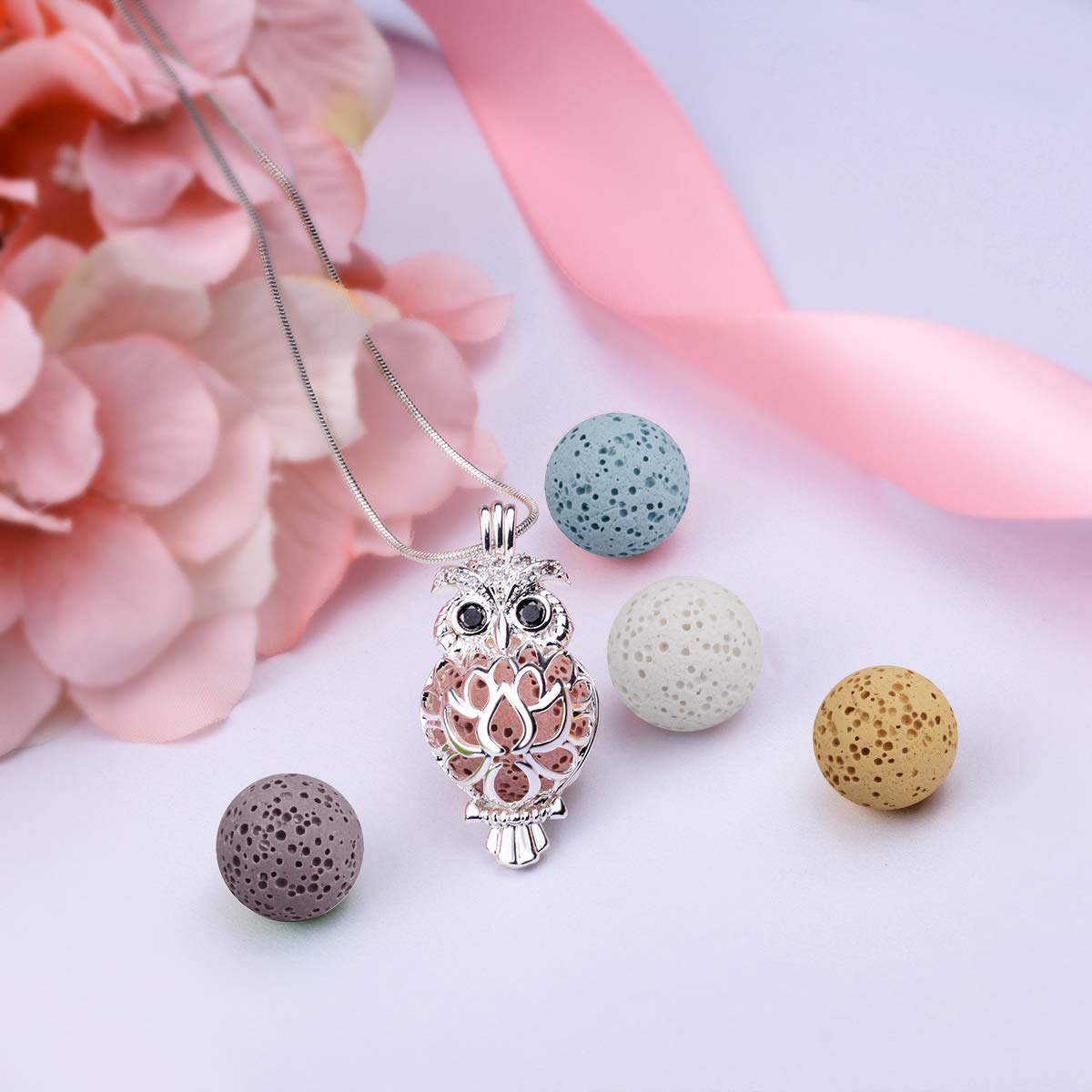 EUDORA Harmony Ball Collana Aromaterapia Ciondolo con Oli Essenziali per Donna, Collana con Diffusore Regalo di Gioielli per Ragazze con 7 Pezzi di Pietra Lavica, 24 Pollici