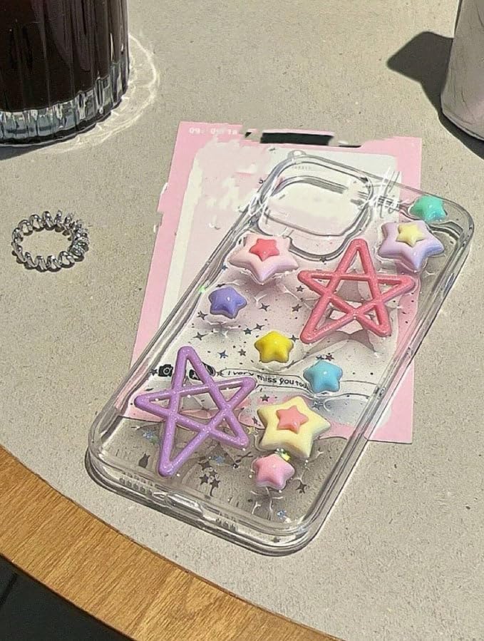 Image of COVERLY for iPhone 12 Pro 3D Luxury Rainbow Resin Star Case,Trendy Translucent Cute Hard Epoxy Art Crystal Clear -Non Yellowing Love Heart Embossed Pearl Princess Cover for Apple iPhone 12 Pro