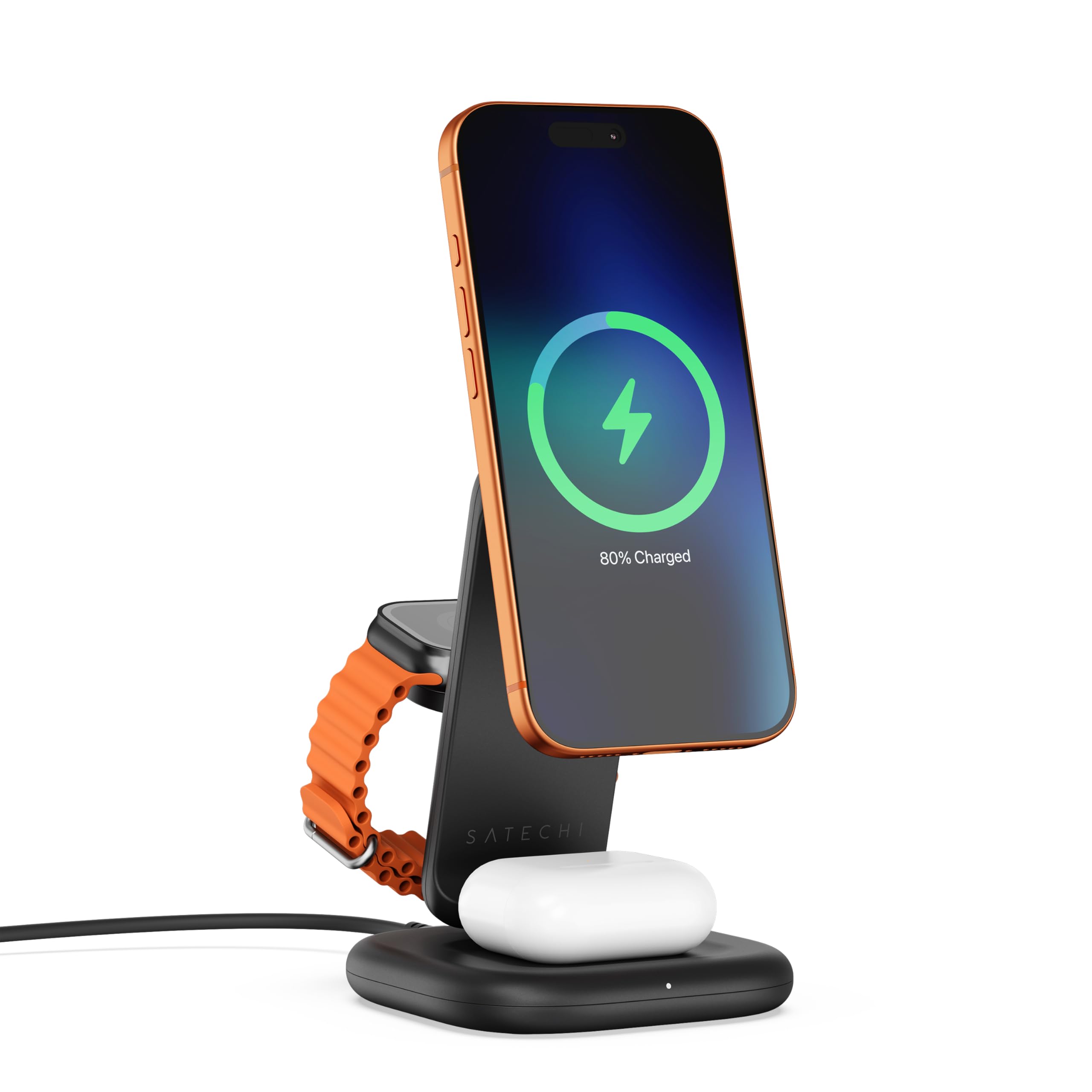 SATECHI Caricatore Magnetico Qi2 3 in 1 Pieghevole, 25W, Nero Siderale | 45W adattatore USB-C incluso, per iPhone 17, Apple Watch Series 11, AirPods