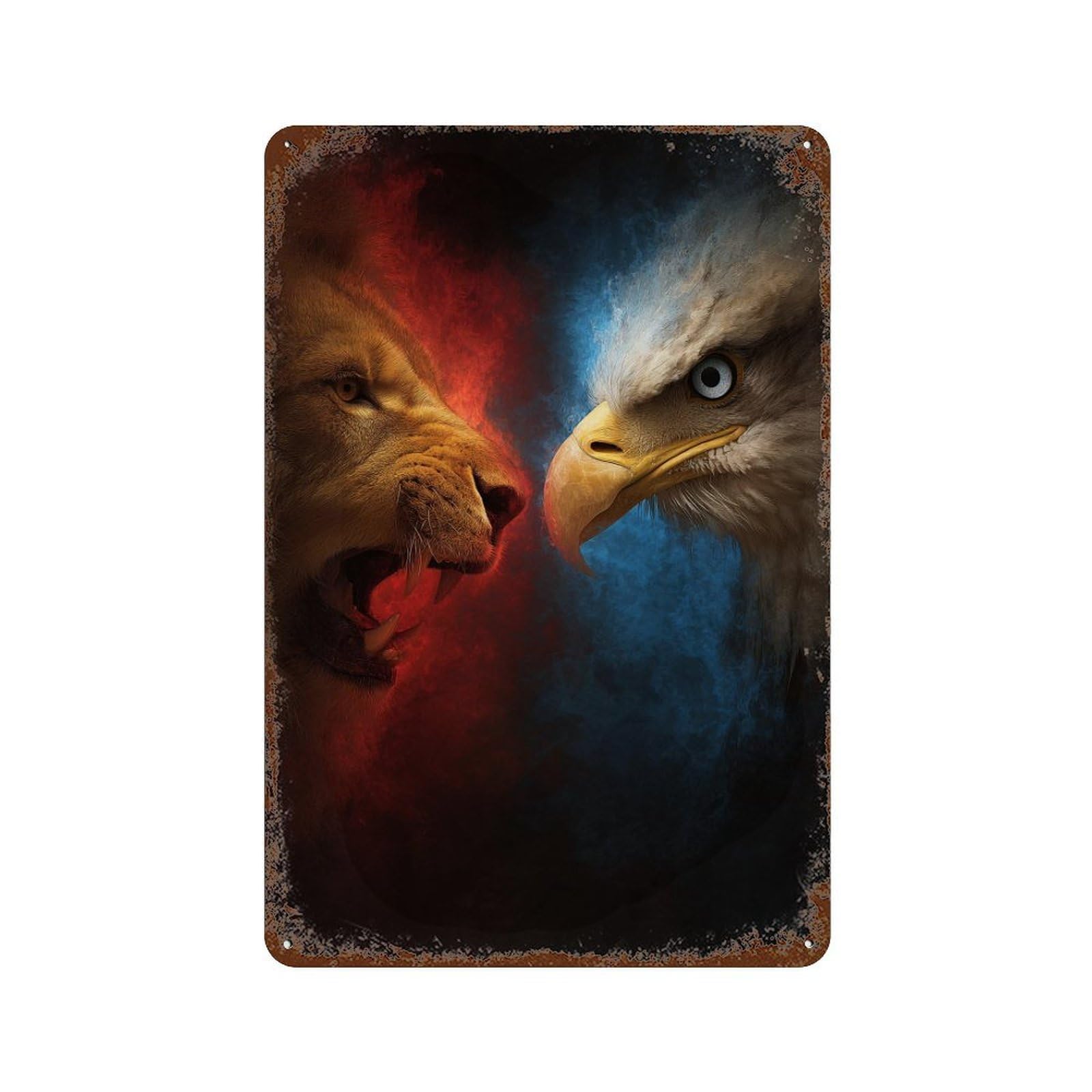 Lion Vs Eagle Epic Face-off! Rust Effect Tin Sign 11.8"x7.9", Vintage Wall Decor for Bistro, Counter And Cafe Decor