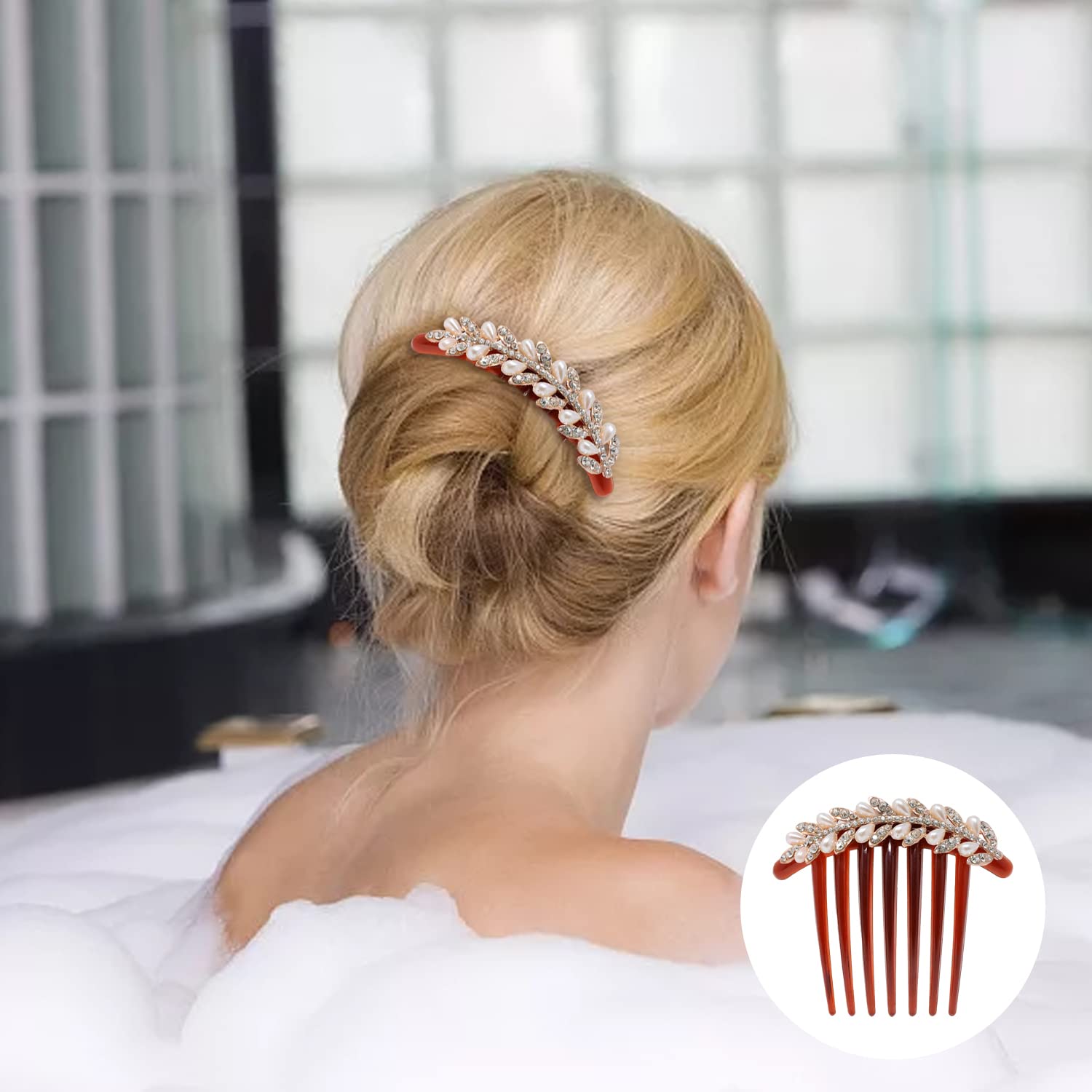 Honbay 2PCS 7 Teeth Hair Side Combs Pearl Crystal Rhinestone Floral Twist Combs Rhinestone Flower Hairpin Decorative Hair Combs Accessories for Women (2 Style)