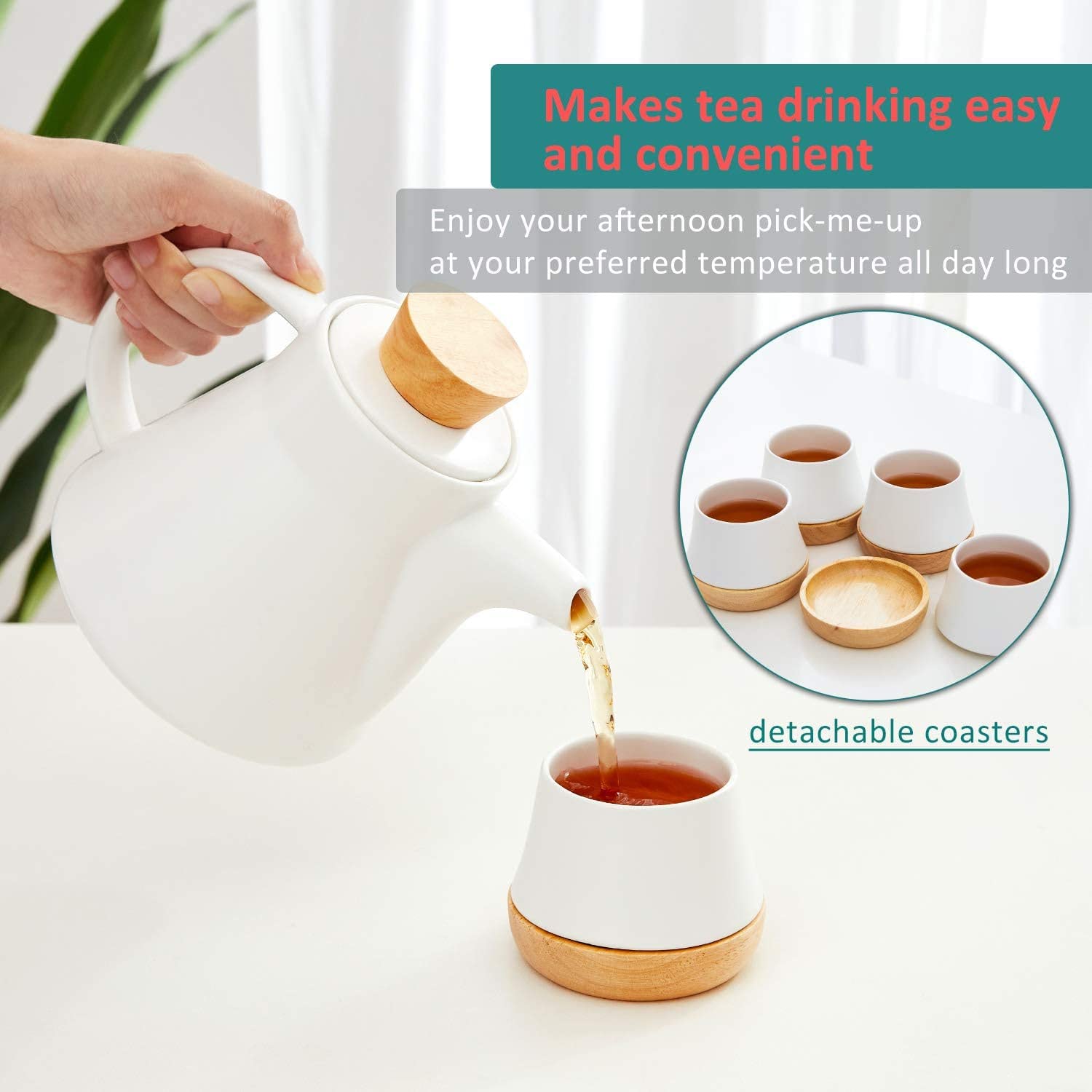 Juego de teteras de cerámica de 10 piezas, juego de té con tetera de 25 oz/750 ml, 4 tazas de 150 ml y 4 posavasos de madera, tetera de porcelana con infusor de acero inoxidable extraíble para hojas