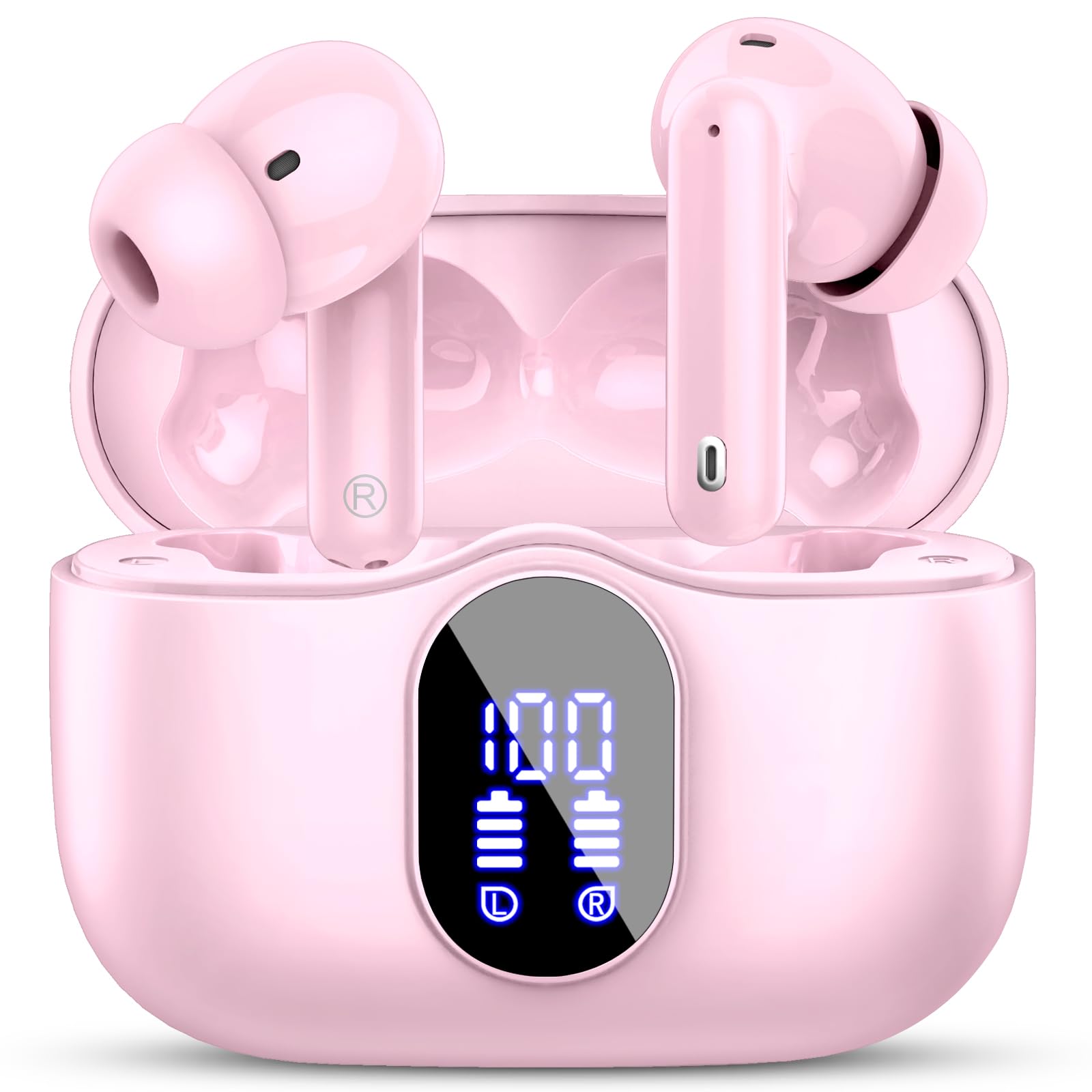 Wireless Earbuds, Bluetooth 5.4 Headphones In Ear with 4 ENC Noise Cancelling Mic, Bluetooth Earbuds Mini Deep Bass Stereo Sound, 36H Playtime LED Display Wireless Earphones IP7 Waterproof, PinkCarbonfree CertifiedClimatePartner certified