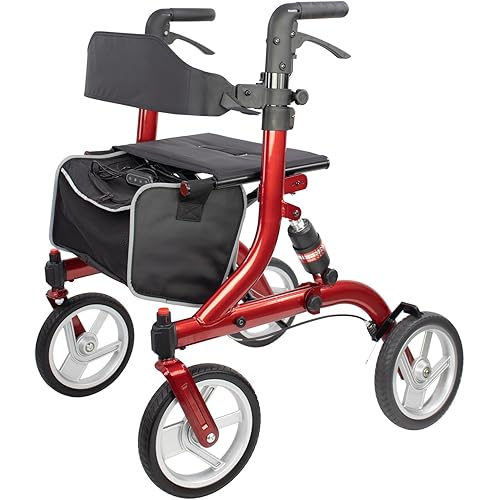 Winlove Rollator Walkers for Seniors-Folding Rollator with Seat and 10-inch All Terrain Wheels-Medical Rollator Walker Aluminium Frame with Suspension Spring and Heating Seat Pad,Red