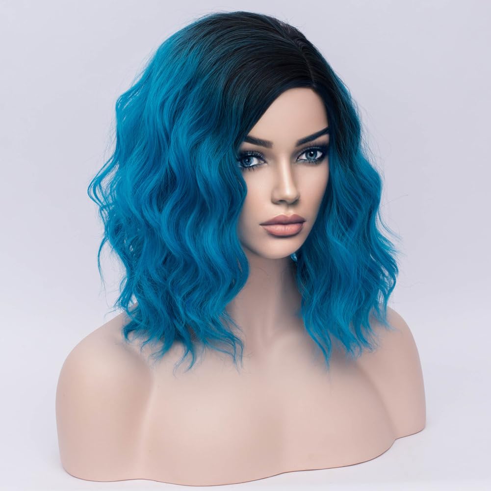 BERON Wigs for Women Short Curly Bob Wavy Wig Girls Ombre Green 14" Body Wave Shoulder Length Hair Wig Heat Resistant Synthetic Halloween Cosplay Daily Party Wigs: Black to Blue