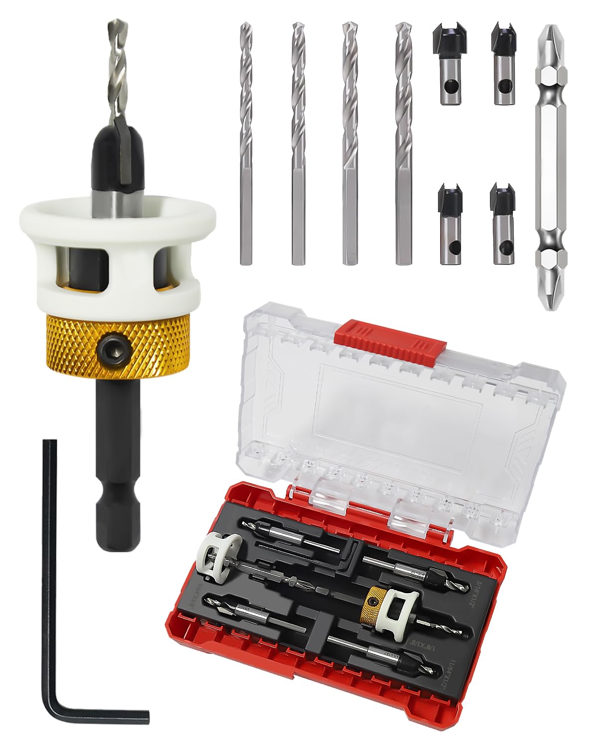 Gubeter Carbide Tipped Countersink Drill Bits Set with Low Friction Depth Stop, 1/4" Quick Change Hex Shank Countersink Drill with Replaceable HSS Pilot Drill Bit for Wood, Plastic, Woodworking