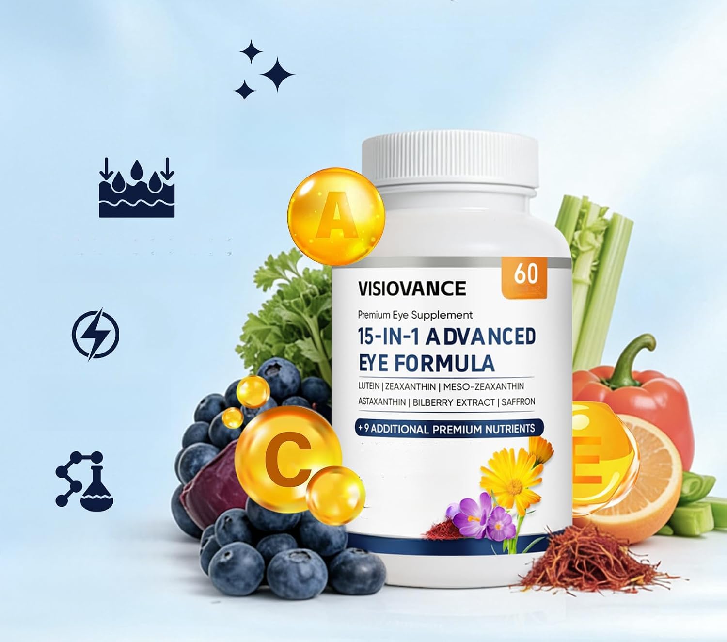 15-in-1-Augenvitaminkapseln Lutein Zeaxanthin Heidelbeer-Safran-Astaxanthin zur Unterstützung der Augen vor Augen, 60 Stück