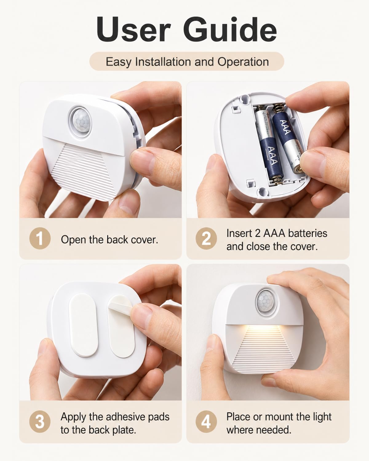 Luz nocturna LED con detector de movimiento, 4 unidades de luz de movimiento para niños, funciona con pilas, iluminación interior para escaleras, luz de sensor de encendido/apagado para pasillo