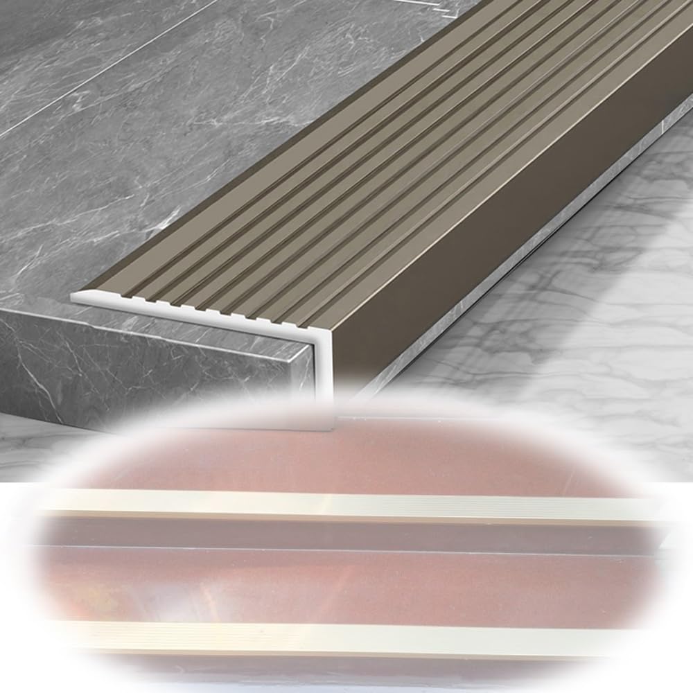 Lshtshf-Ou Brownish-Gray Steps Stair Edge Trim Aluminum L-Shaped Nosing Anti-Slip Protector 3In Wide For Outdoor Indoor Staircase(,120Cm L)