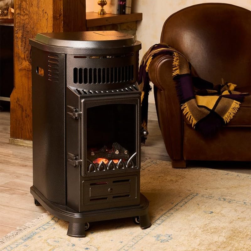 FAVEX - Chauffage d'appoint à gaz Belfort - Prêt à l'emploi livré avec tuyau et détendeur - Infrableu effet feu de cheminée - 6 puissances de chauffe Thermostat - Jusqu'à 40 m² - Noir