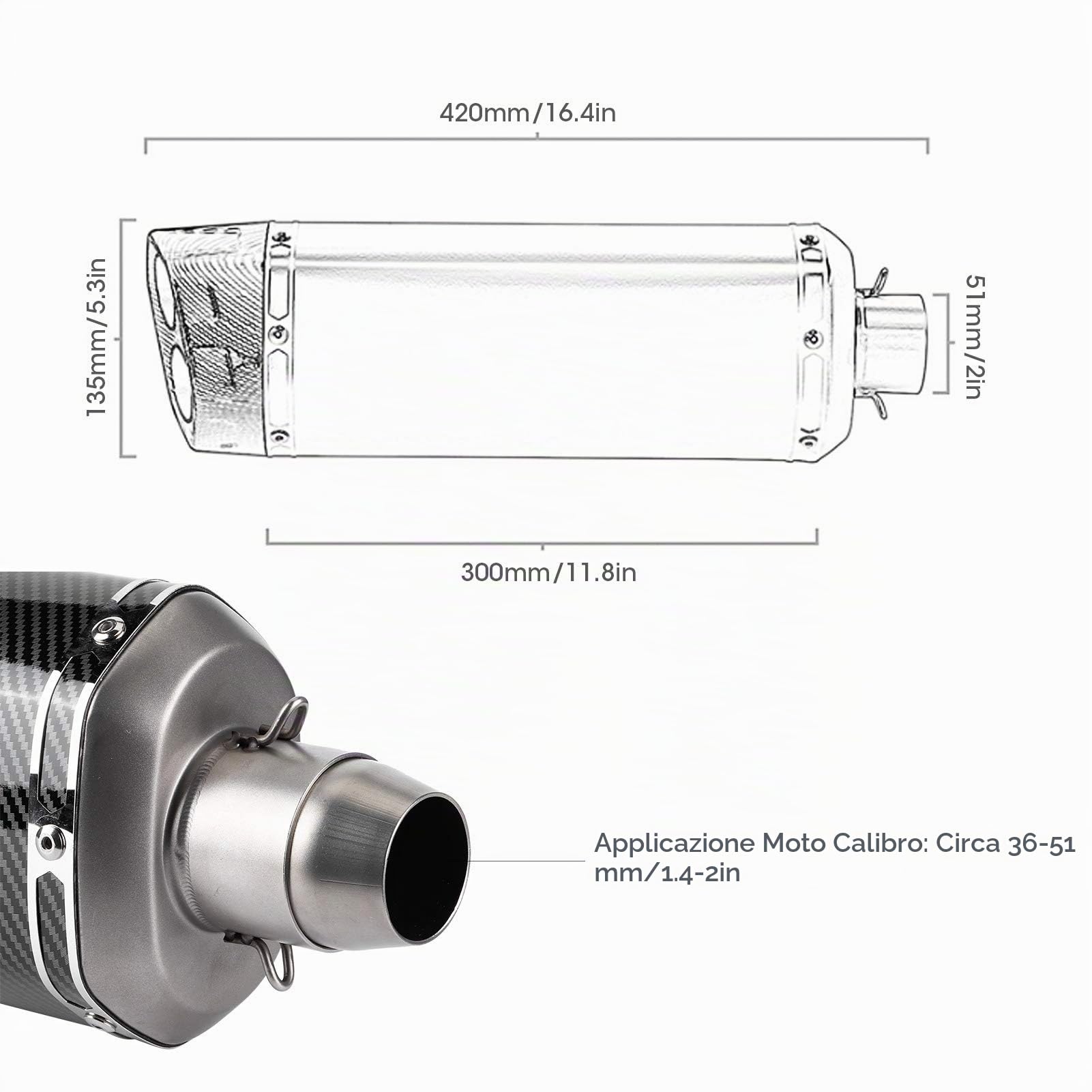 Akozon 36-51 mm / 1,4-2 pollici universale Tubo di scarico a doppia uscita per moto Silenziatore marmitta per Z900 Z1000 / 400