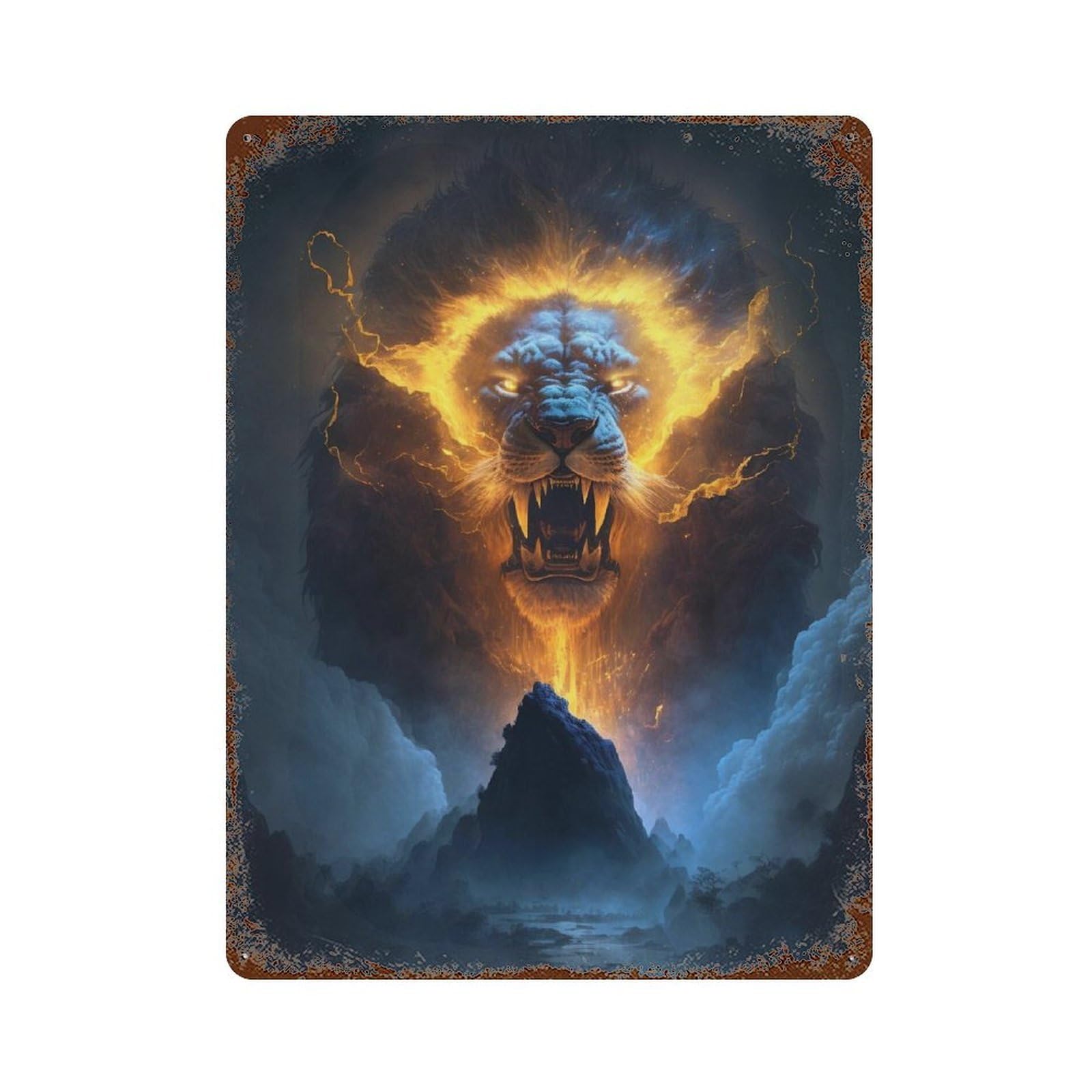 Rust Effect Flaming Lion Mountain Poster Weathered Tin Sign 15.7"x11.8", Shabby Chic Decor for Patio, Garden Room And Bar Decor