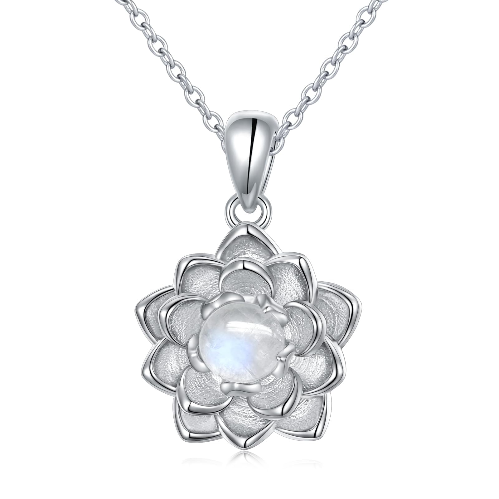 Flyow Mondstein Lotus Schmuck Set 925 Sterling Silber Mondstein Lotusblume Halskette und Ohrstecker Natürliche Heilung Buddha Spirituelle Yoga Lotusblüte Schmuck Geschenke für Frauen Mädchen