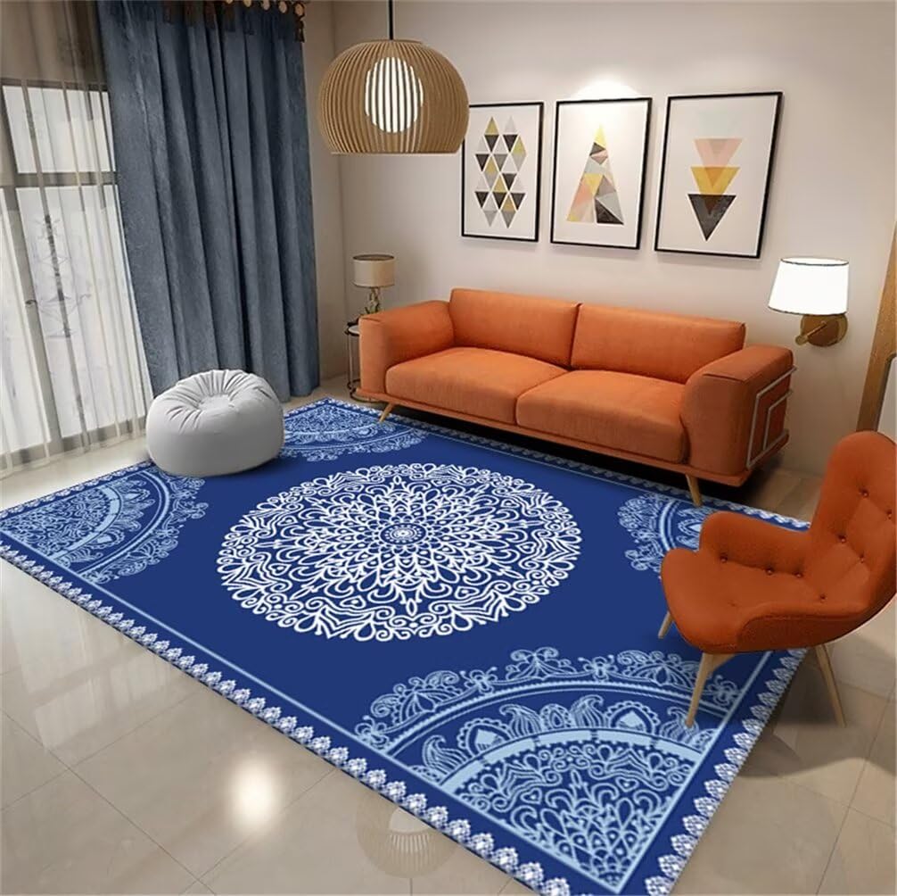 Tapis de salon bleu 180x230cm grand format aux motifs floraux rétro pour chambre ado
