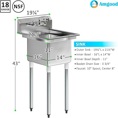 Miniatura 3 de AmGood Fregadero de acero inoxidable con un compartimiento, 22 pulgadas de ancho x 20 pulgadas de largo, fregadero de cocina de restaurante y