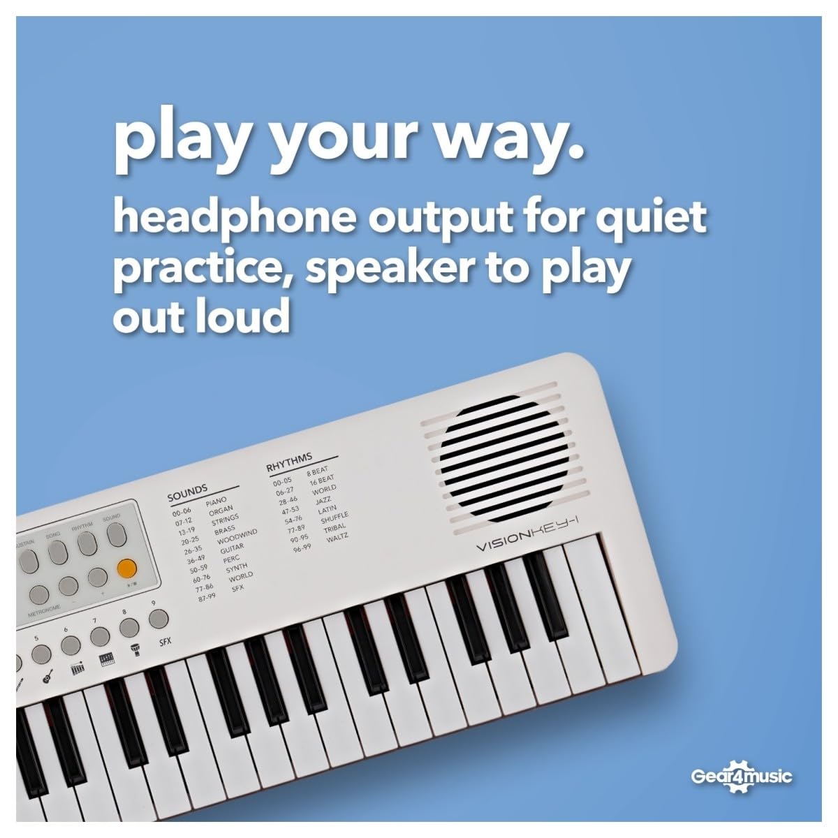 VISIONKEY-1 Mini Teclado Digital 37 Teclas para Niños y Principiantes | Piano Eléctrico de Mini Teclas en 3 Octavas, 100 Sonidos y Ritmos, Salida de Auriculares, USB-C o Pilas, Blanco
