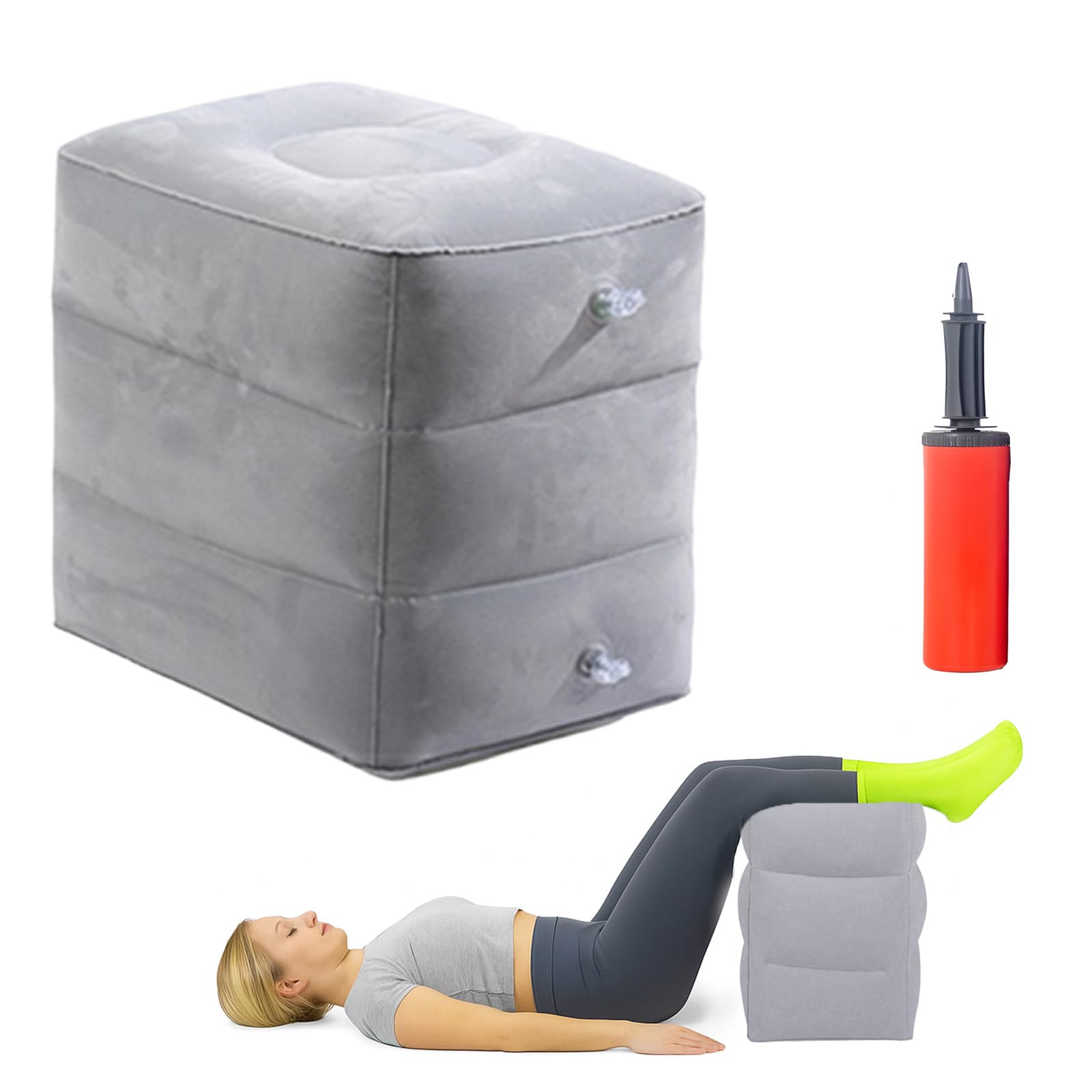 Bandscheibenwürfel Aufblasbar mit Pumpe, Stufenlagerungswürfel, Schaumstoffwürfel, Aufblasbarer Hocker, Fußstütze Flugzeug Kinder (Hellgrau, 3 Schichten)