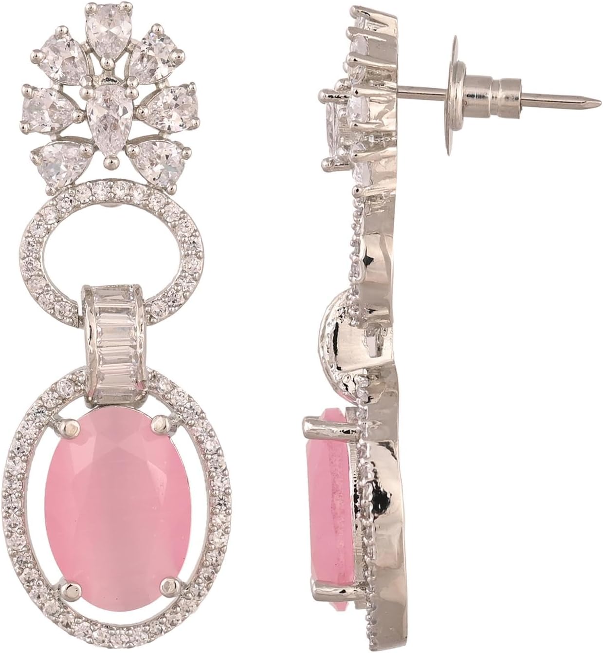 Ratnavali Jewels Silver Plated Cubic Zirconia Dangle Drop Oval Earrings For Women Statement Jewelry Wedding Brides