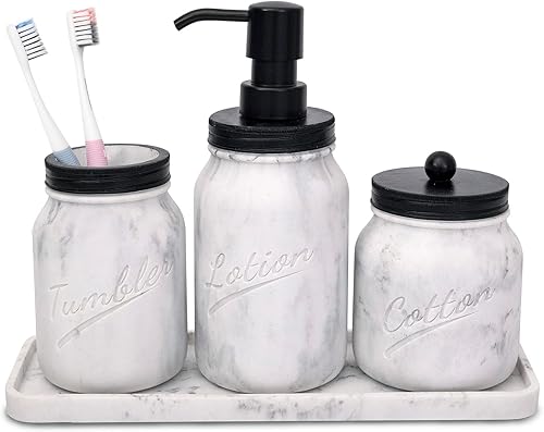 Miniatura 1 de Artfrog Bathroom Accessory Set,Marble Bathroom Accessories,Mason Jar Bathroom Accessory Set, 4 Pcs Bathroom Accessory Set, Marble Look, Include